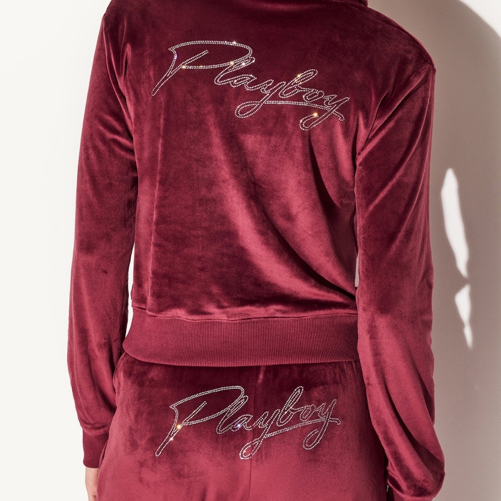 NWT Playboy The Icon Velour Logo Hoodie Burgundy Size XS - Picture 3 of 14